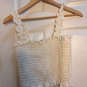 Reformation Cream Smocked Ruffle Crop Top